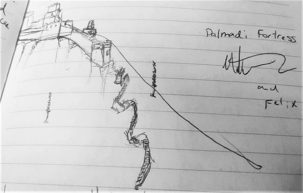 a drawing in pen on notebook paper of the palamidi fortress in Nafplio greece, featuring a long and winding staircase.