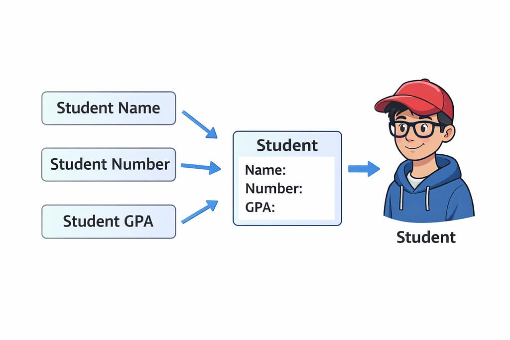 Image of set of data becoming an object. This example uses Student Name, Student Number, and Student GPA to go into a Student Object. 