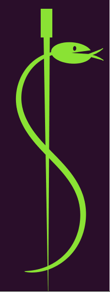 A green snake coils around a staff against a black background.