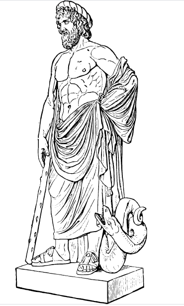 A black and white drawing of Asklepios holding a staff with a snake at his feet. He is wearing ancient greek robes on his lower torso. 